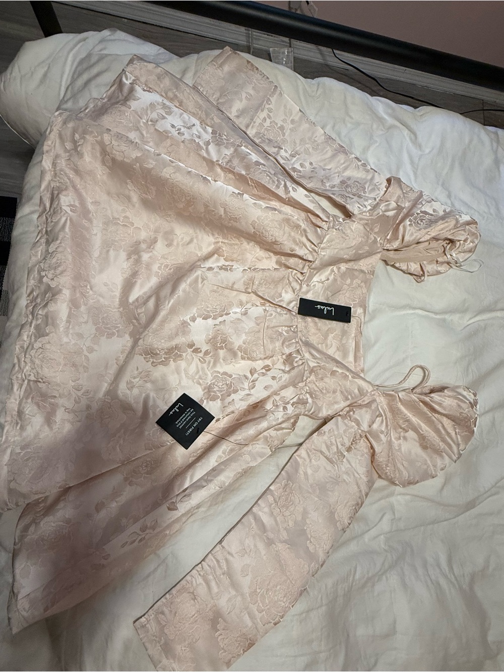 Lulu's Blush Jacquard Puff Sleeve Mini Dress